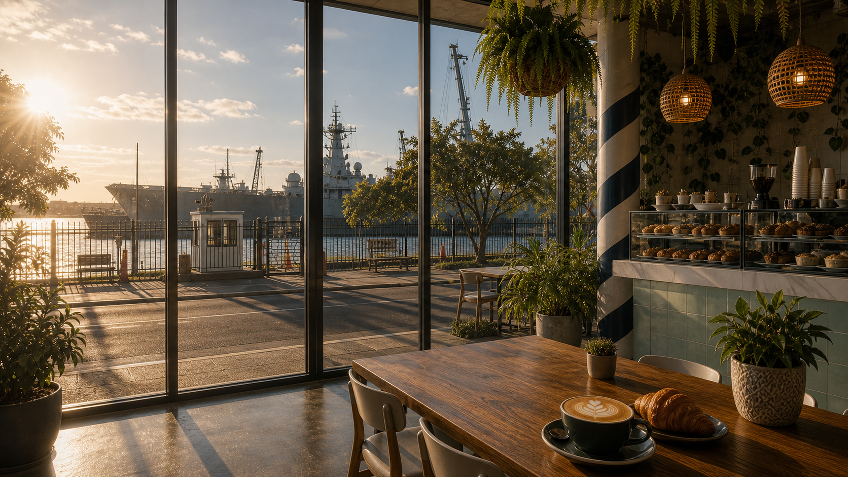 Lexpressohouse interior with harbour windows, naval ships, plants, coffee and pastries